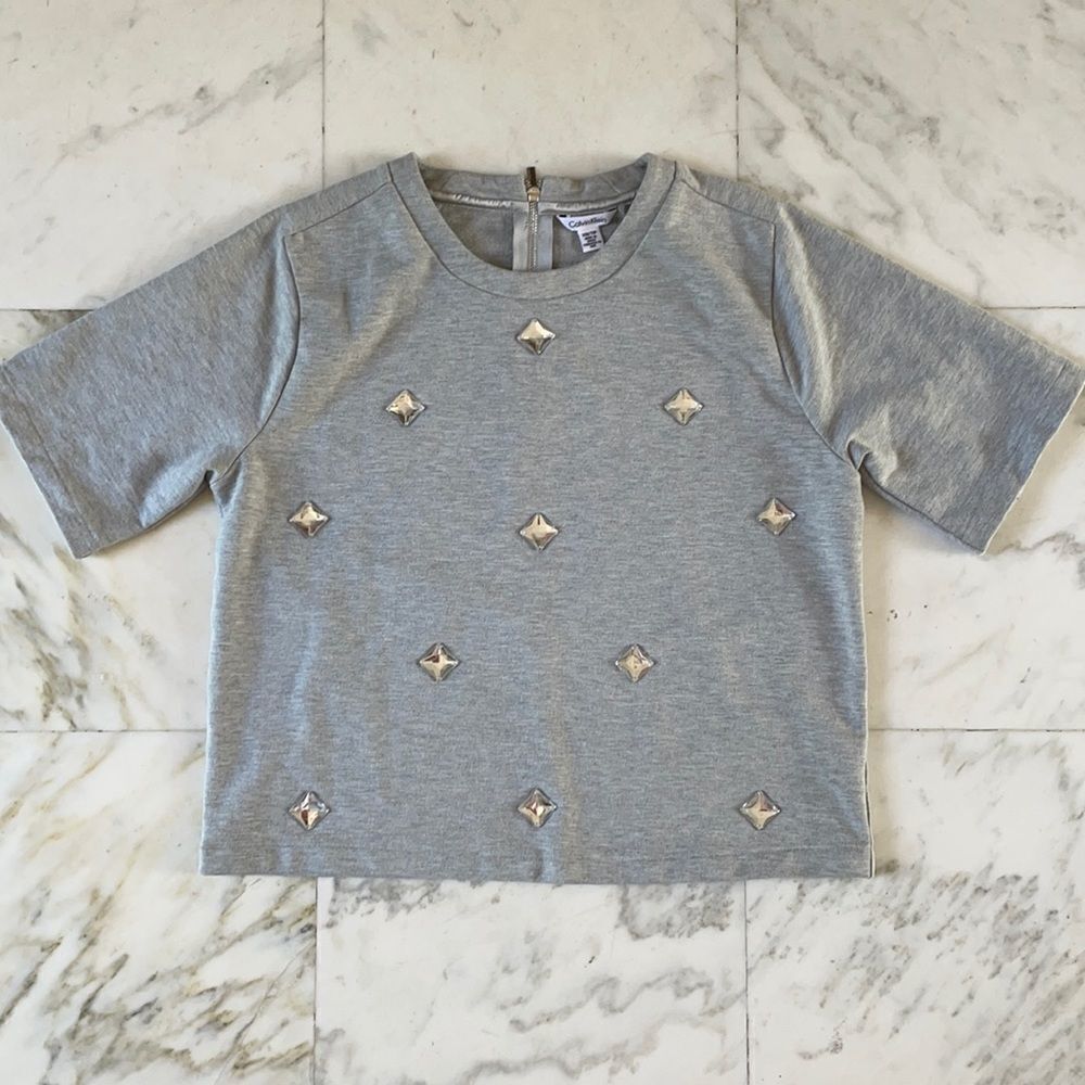 Calvin Klein Gray Short Sleeve Top with Mirrored Diamond Details
